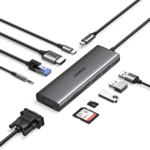 Cáp chuyển Ugreen 10 in 1 USB-C đến 3xUSB-A 3.0 + HDMI + VGA+ RJ45 + SD/TF + 3,5mm + PD (15601)