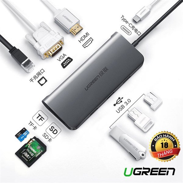 Cáp chuyển Ugreen 9 in 1 Type-C to HDMI/VGA/LAN/USB-C/USB 3.0/SD/TF (40873)
